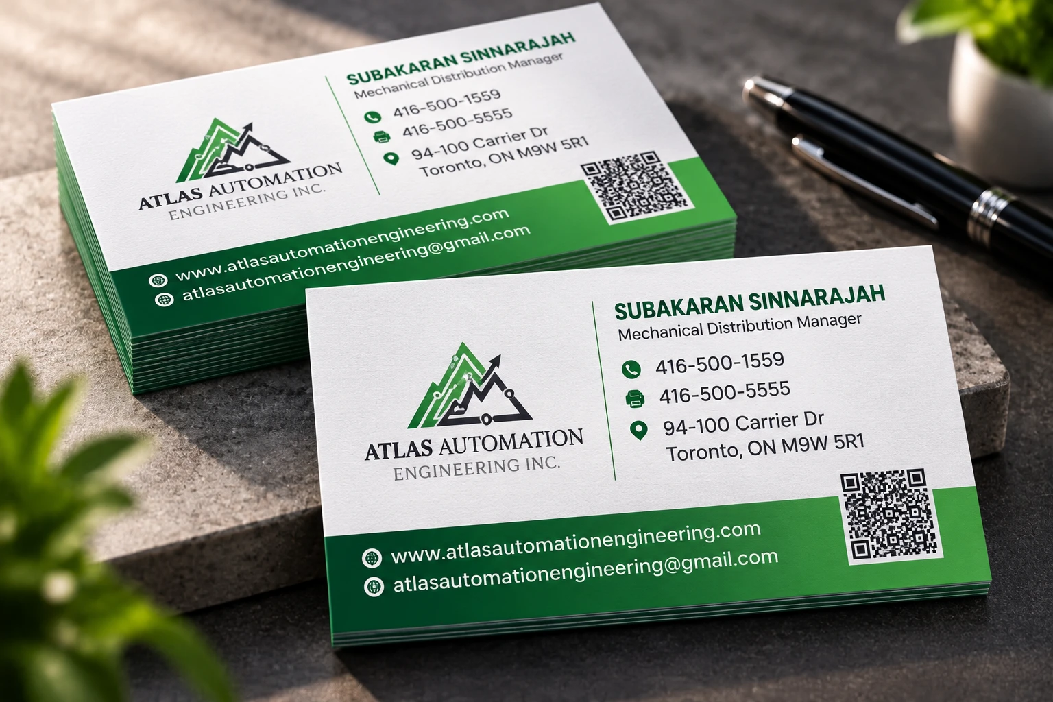 Atlas Automation Engineering business cards with contact details and QR code