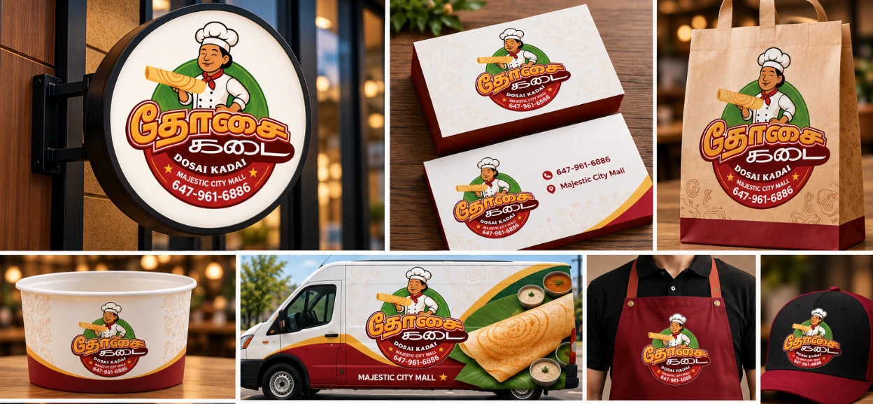 Dosai Kadai brand identity on a shop sign, business cards, bag, food bowl, delivery van, apron and cap