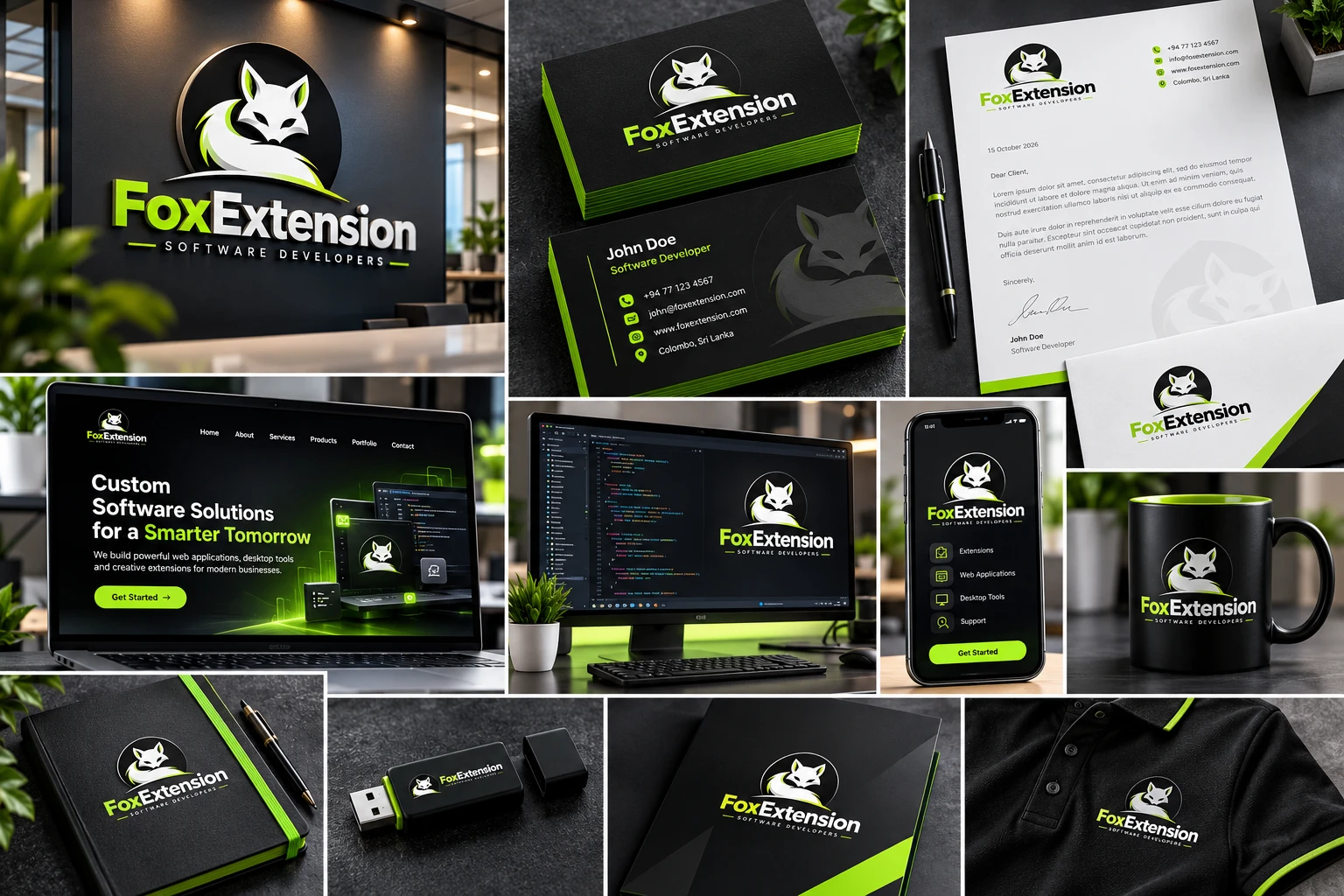 FoxExtension brand identity on office signage, business cards, letterhead, website, app, mug and merchandise