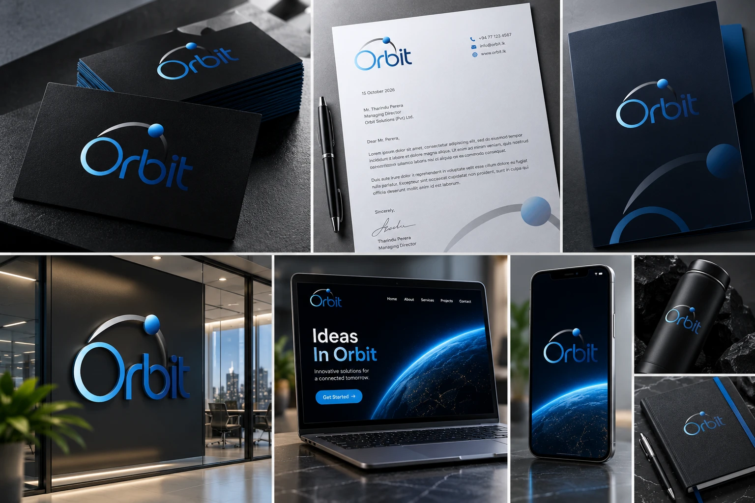 Orbit brand identity on business cards, letterhead, folder, office signage, laptop, phone and merchandise