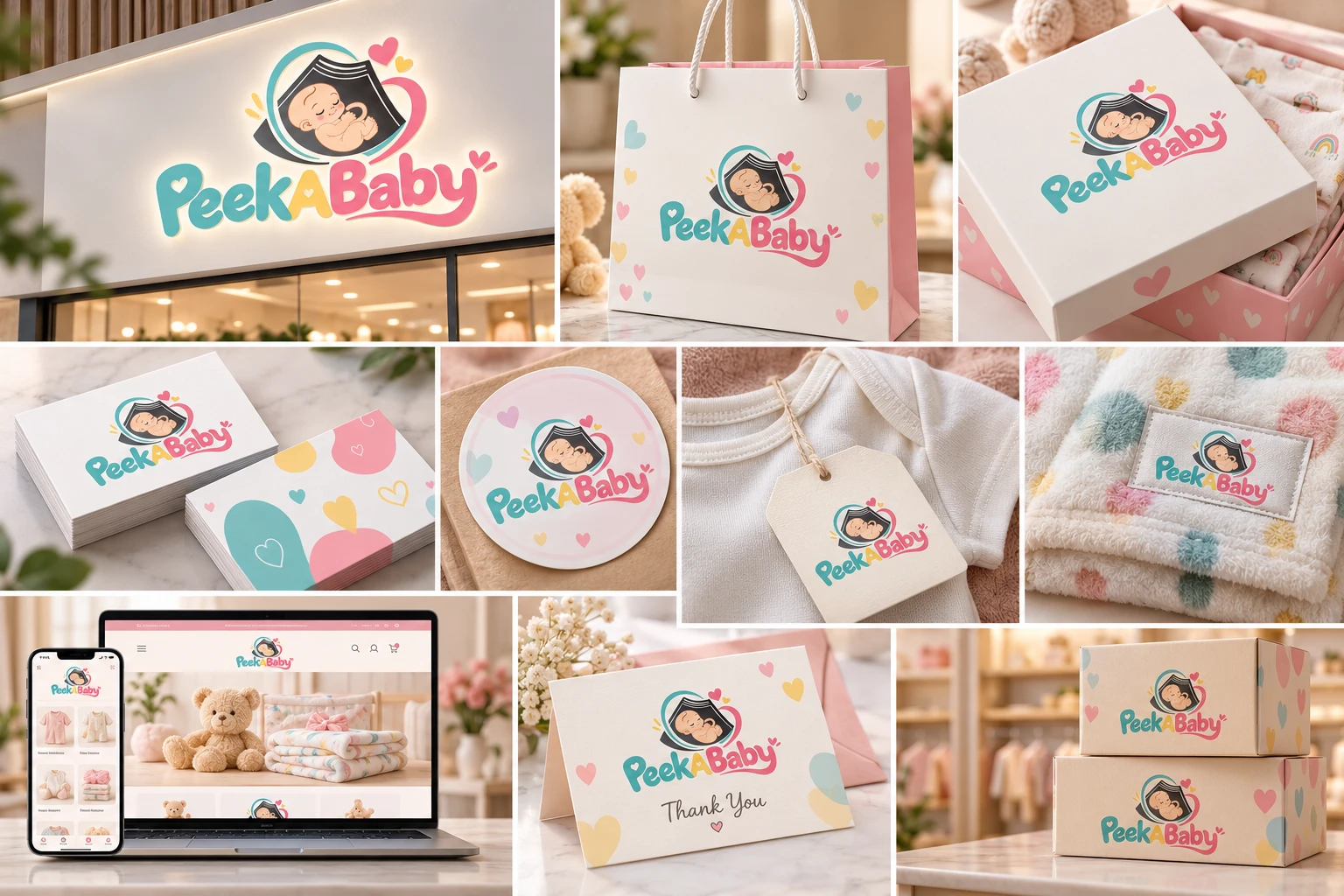 PeekABaby brand identity on shop signage, gift bags, boxes, business cards, tags and website