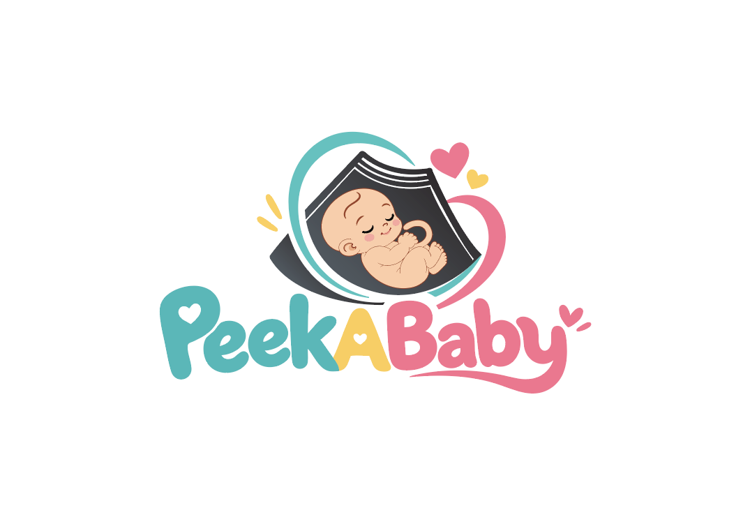 PeekABaby logo: a sleeping baby on an ultrasound scan with hearts