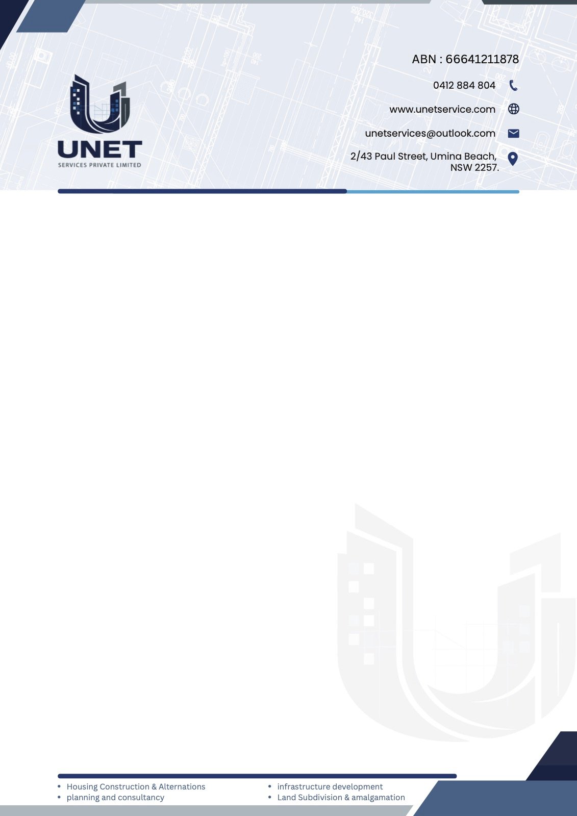 UNET Services letterhead with logo, contact details and architectural line drawings