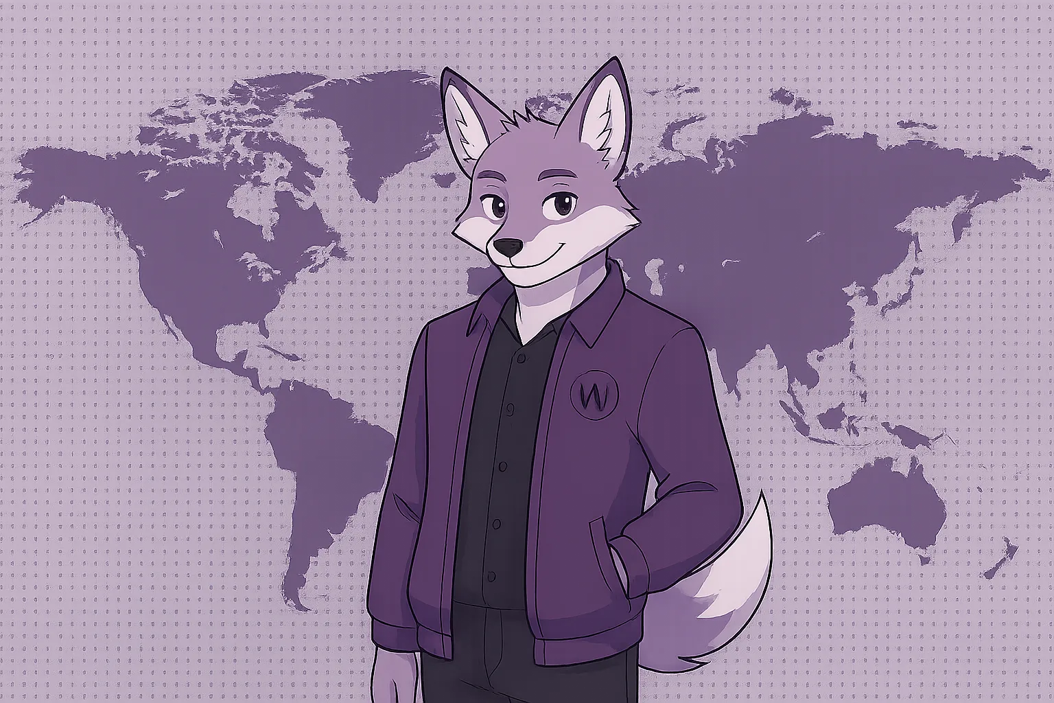 The WhiteFox mascot in a purple studio jacket standing in front of a world map