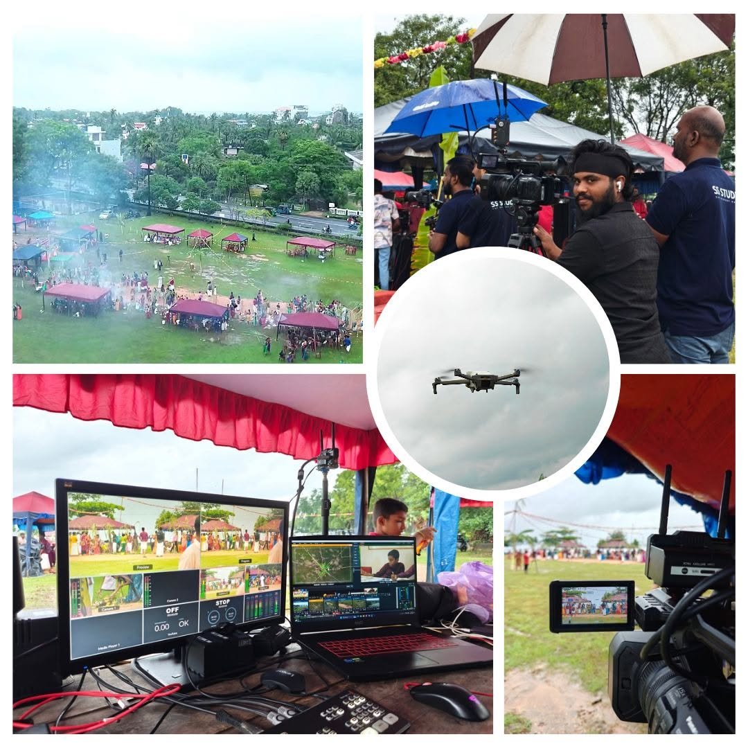 Live streaming a festival ground: aerial view, camera crew under umbrellas, a drone in the sky and the live control desk