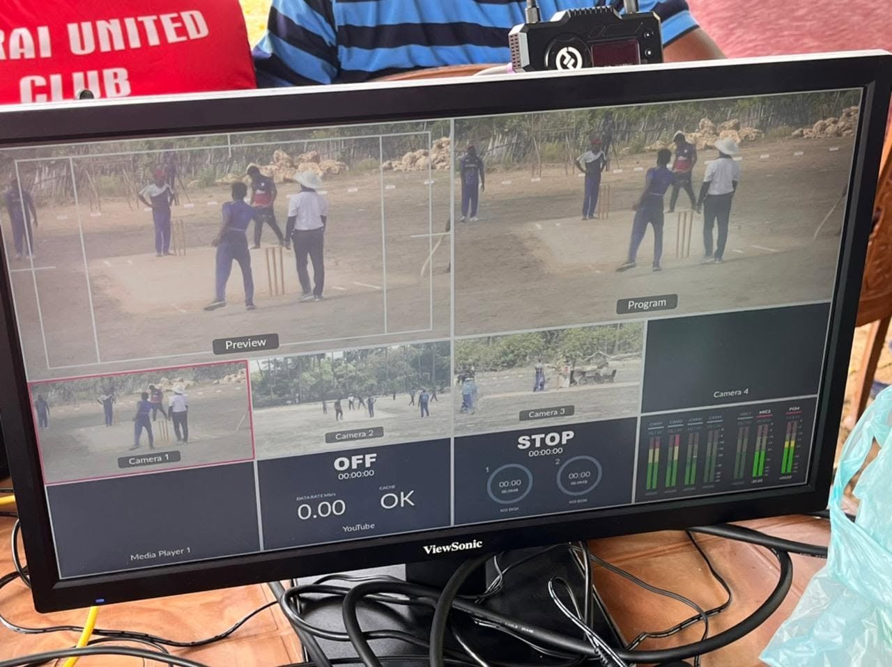 Live multiview screen showing preview, program and four cameras during a cricket match
