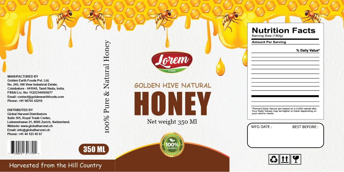 Golden Hive Natural Honey 350 ml jar label artwork with honeycomb and bees